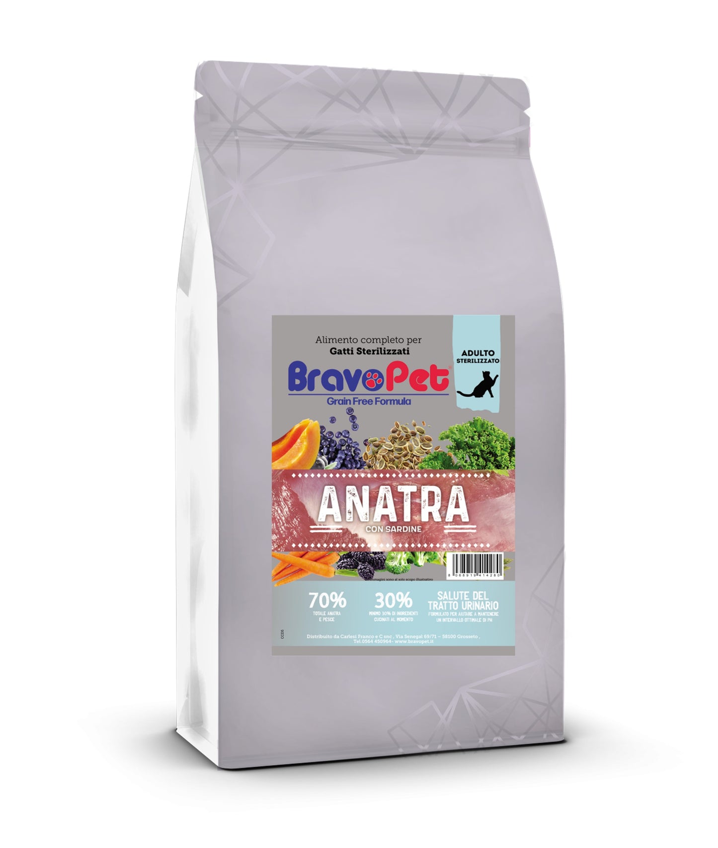 Bravopet gatto 1,5kg Sterilizzato Anatra con Sardine