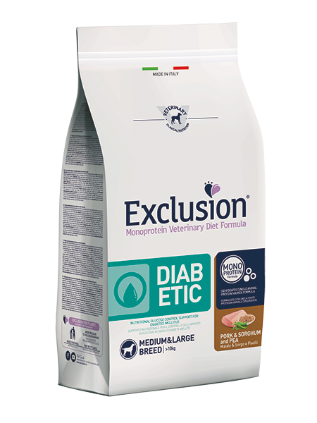 EXCLUSION MONOPROTEIN VET DIET DOG DIABETIC PORK & SORGHUM AND PEA MEDIUM&LARGE BREED