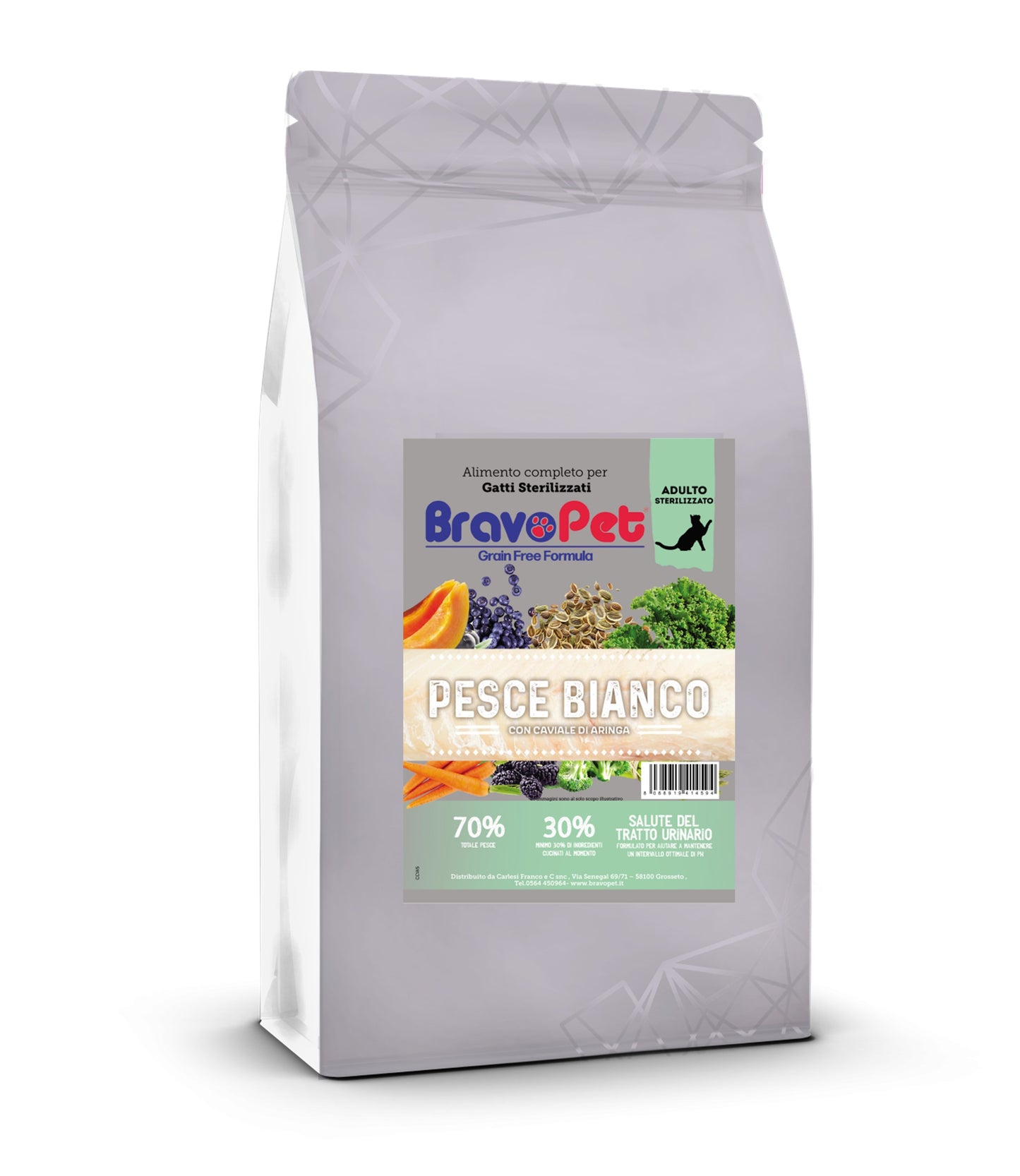 Bravopet gatto 1,5kg Sterilizzato Pesce Bianco e Caviale di Aringa