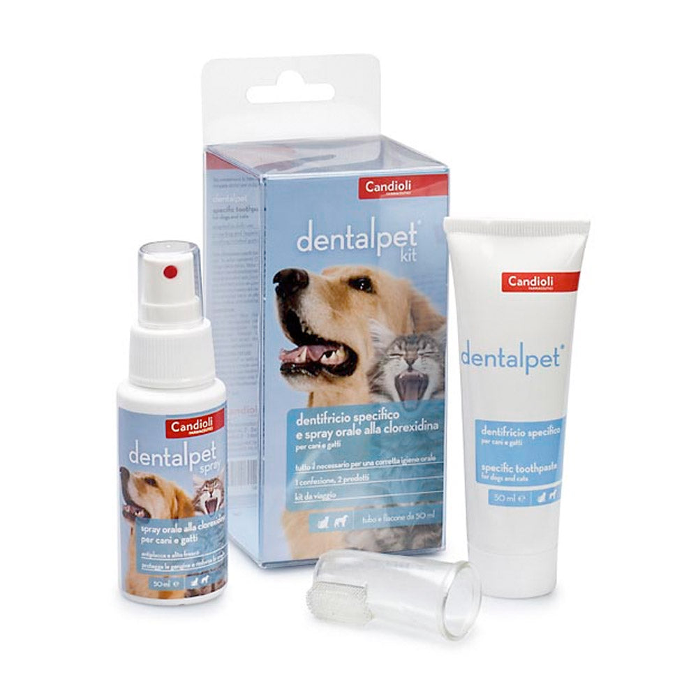 Dentalpet® Kit Tutto ciò che serve per gestire in modo completo le pratiche relative all’igiene orale del cane e del gatto  Tubo da 50 ml + spray da 50 ml + 1 ditale