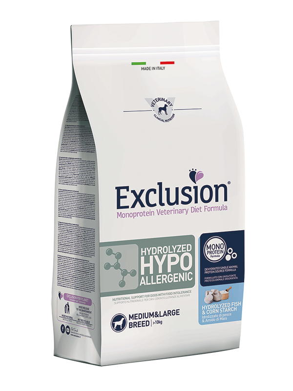 EXCLUSION MONOPROTEIN VET DIET DOG HYDROLYZED HYPOALLERGENIC HYDROLYZED FISH & CORN STARCH MEDIUM&LARGE BREED